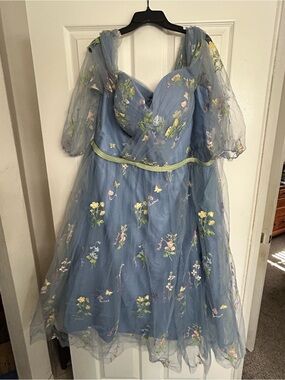 Blue Floral Embroidered Tulle Kids Dress